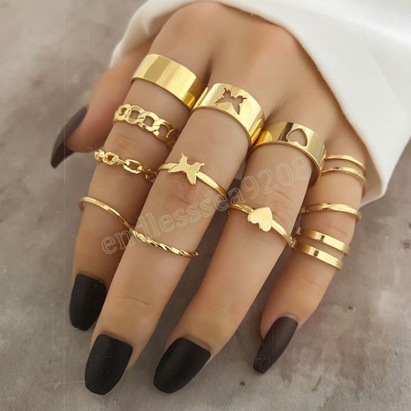 

gold color punk metal ring set for women butterfly love heart geometric hollow chain finger ring fashion jewelry gift, Silver