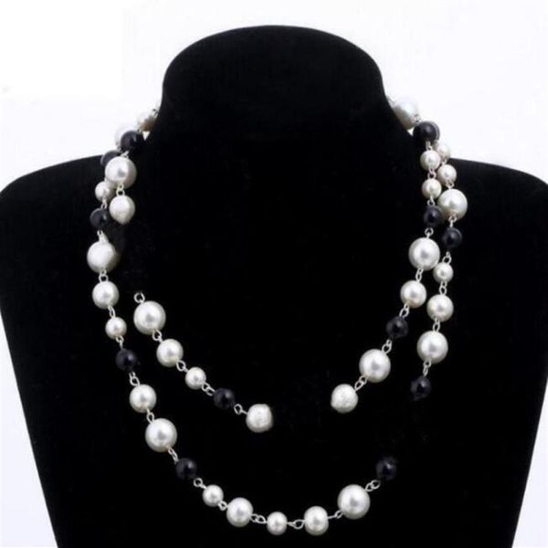 

designer jewelry necklace elegant women black and white pearl sweater chain paris fashion diamond necklaces wedding jewelrys acces258a, Silver