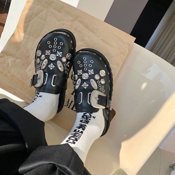 

chic slippers summer women platform rivets punk rock leather mules creative metal fittings casual party shoes female outdoor slides 22166, Black