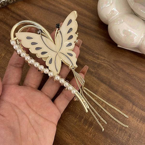 

chic butterfly pearl tassel hair claw women metal clamps back of the head fringed catch clip headwear, Slivery;golden