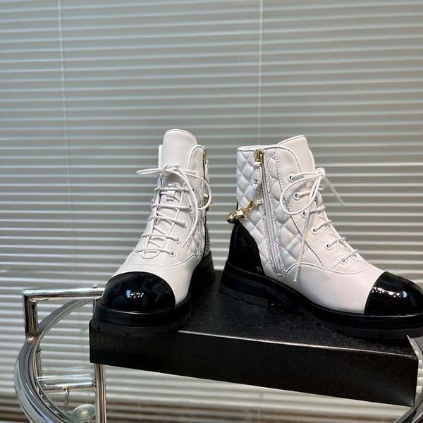 

classic diamond plaid designer short boots martin boot genuine patent leather zipper shoes cowhide luxury round toes women booties 35-41, Black