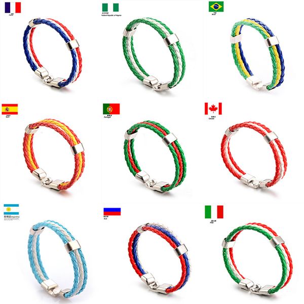 

collectable national flag print countries pu imitation leather weave world cup multi-country football bracelet fans souvenir fashion jewelry