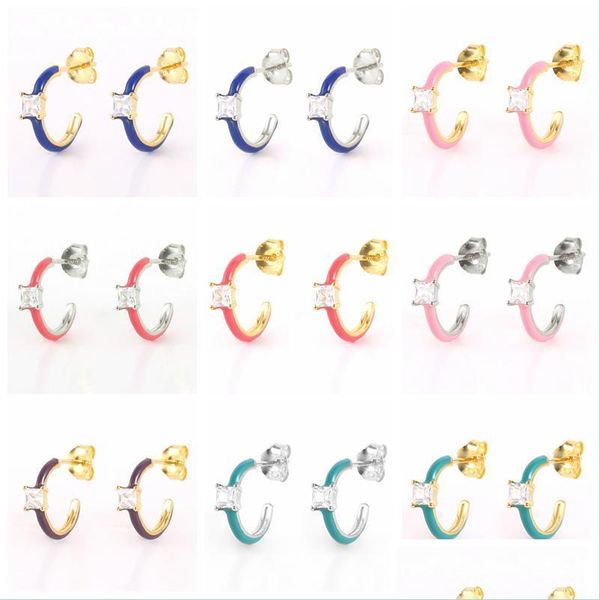 

hoop huggie hoop hie aide 925 sterling sier colored enamel square zircon opening circle earrings for women luxury c shape jewelr dhoj2, Golden;silver