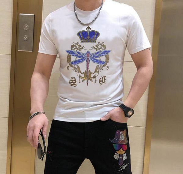 

europe style new luxury men's t shirt designer rhinestone casual short sleeve men, White;black