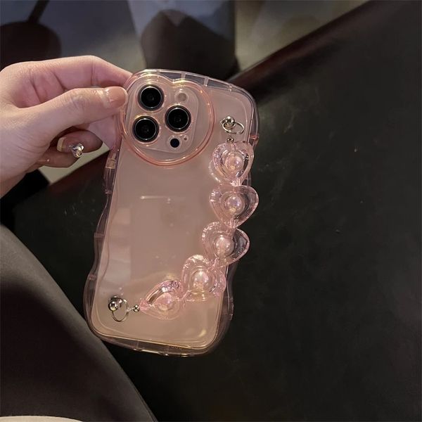 

luxury cases 3d love heart wrist chian wavy transparent soft phone case for iphone 14 12 13 pro max 11 x s xr xs cute clear shockproof cover