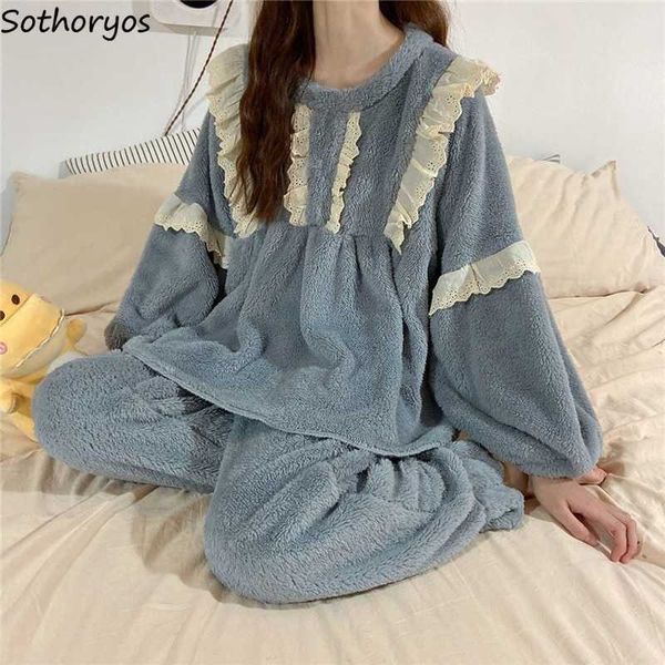 

women's sleep lounge women pajama sets o-neck patchwork lace ruffles leisure fashion soft plus velvet thicker sweet coral fleece design