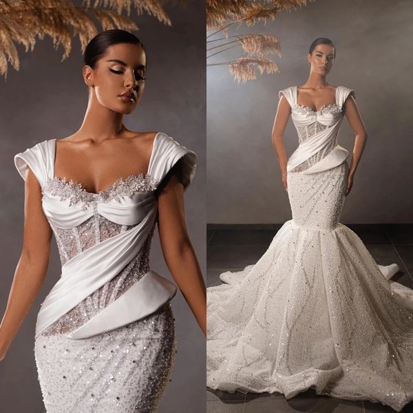 

glitter sequins mermaid wedding dresses sweetheart pleats bridal gown custom made beaded sparkle wedding gowns, White