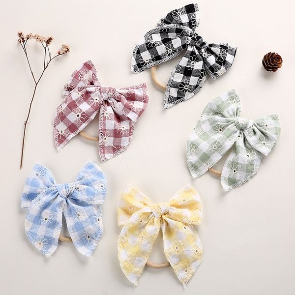 

baby girls headband infant kids plaid bow headbands handmade embroidery flower hairbands children nylon soft hair accessories, Slivery;white