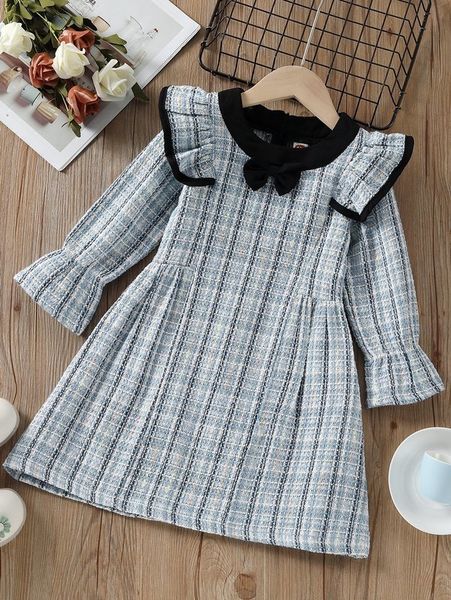 

toddler girls plaid ruffle trim bow front flounce sleeve tweed smock dress she, Red;yellow