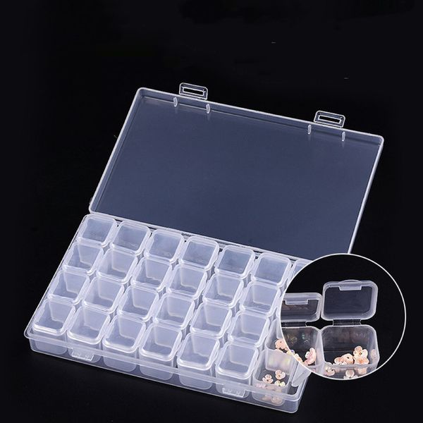 

plastic false nails storage box 28 pcs detachable nail art decorations containers with cover transparent color manicure tools, Red;gold