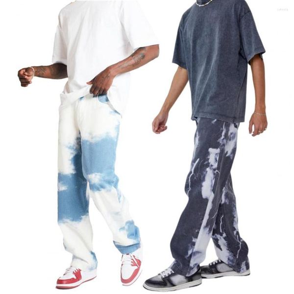

men's pants men jeans tie dye print wide leg straight streetwear hip hop zipper closure pockets denim trousers for daily wear, Black