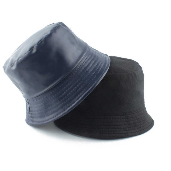 

wide brim hats 2022 new fleece inside autumn winter bucket leather cap men's and women's fashion panama pu fisherman g221014, Blue;gray