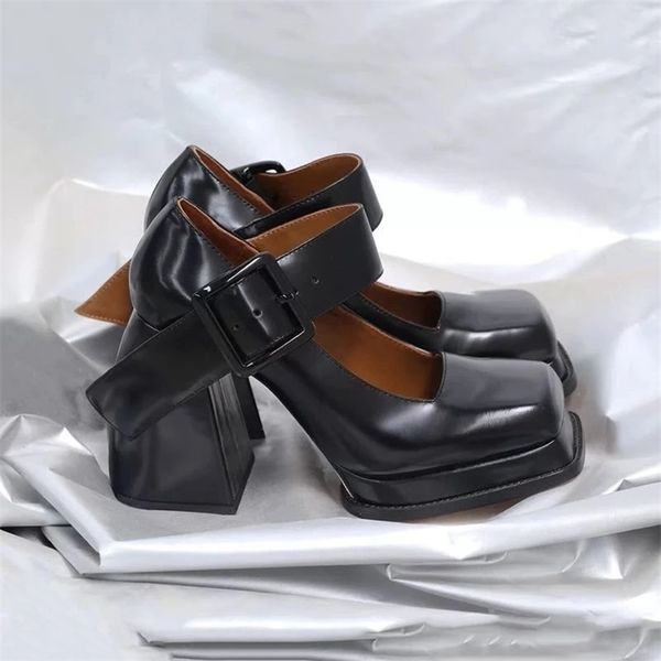 

sepatu hak platform sepatu chunky sepatu hak mary jane pump platform chunky ujung persegi untuk wanita sandal tali gesper wanita putih 22061, Black