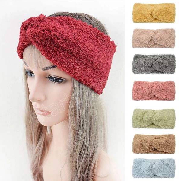 

soft warm fluffy plush cross knotted headband for women wide hairband headwrap autumn winter ear warmers turban elastic hairband, Slivery;white