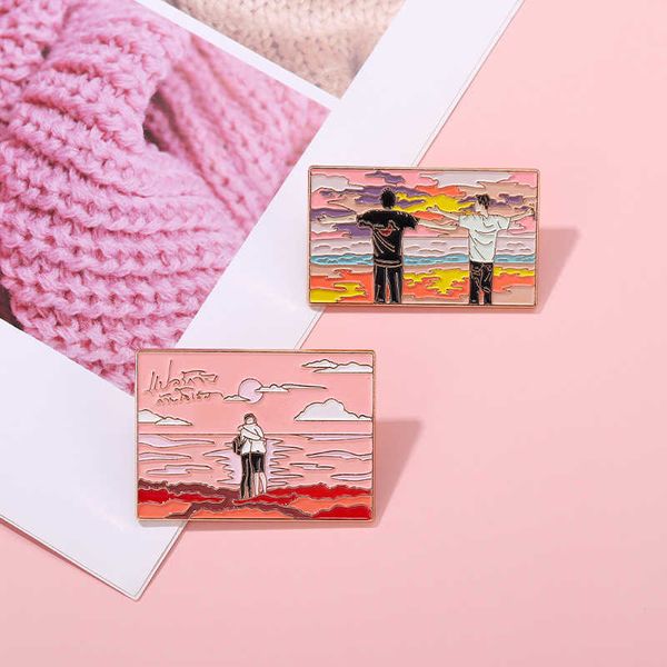 

new creative oil painting series metal badge accessories seaside sunset beautiful landscape rectangular brooch, Gray
