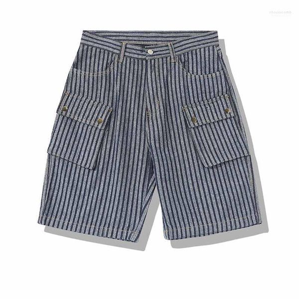 

jeans mcikkny men cargo multi pockets stripe vintage denim shorts for y218, Blue