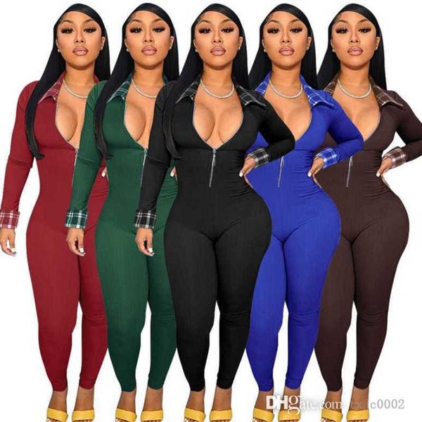 

new autumn women jumpsuits long sleeve v-neck zipper rompers fashion skinny bodysuit plaid stitching capris pants, Black;white