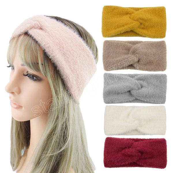 

solid color imitation mink cashmere wide headband cross knot fluffy bow hairband women winter ear warmer cycling yoga turban, Slivery;white