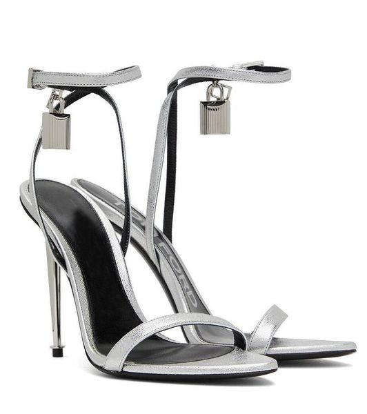 

luxury tomford sandals metal padlock narrow word band high-heeled sandal women's leather high-heeled shoes original box transportation, Black