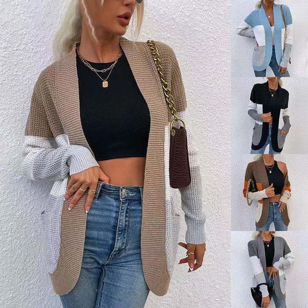 

women's knits woman sweater cardigan 2022 autumn/winter pockets knitting splicing color fashion woman's clothing drop, White