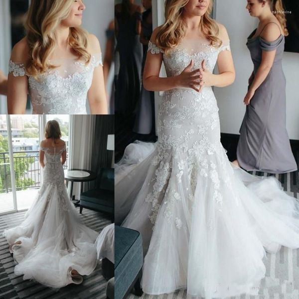 

2023 gorgeous mermaid wedding dresses bridal gown off the shoulder lace applique tulle straps beach ruffles custom made vestidos de novia pl, White