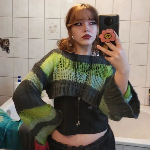 

women's green striped knitted sweaters aesthetics vintage cropped jumpers chic women aesthetics grunge pullovers clothes, White;black