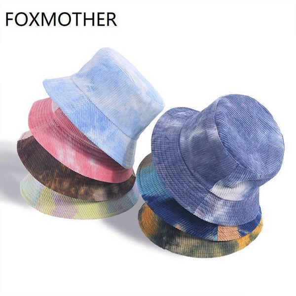

wide brim hats foxmother dropshipping new fashion autumn winter reversible multicolor tie dye bucket corduroy fisherman caps women gorros g2, Blue;gray