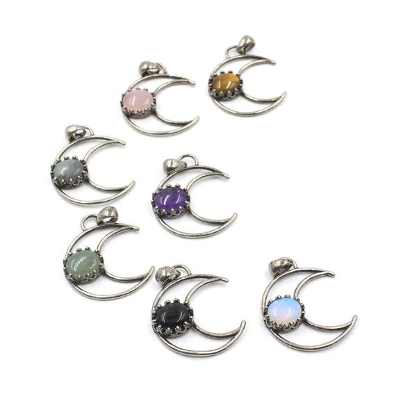 

natural gem stone crystal amethyst crescent moon pendant & necklace jewelry for men women party gift fashion accessories bh019, Silver