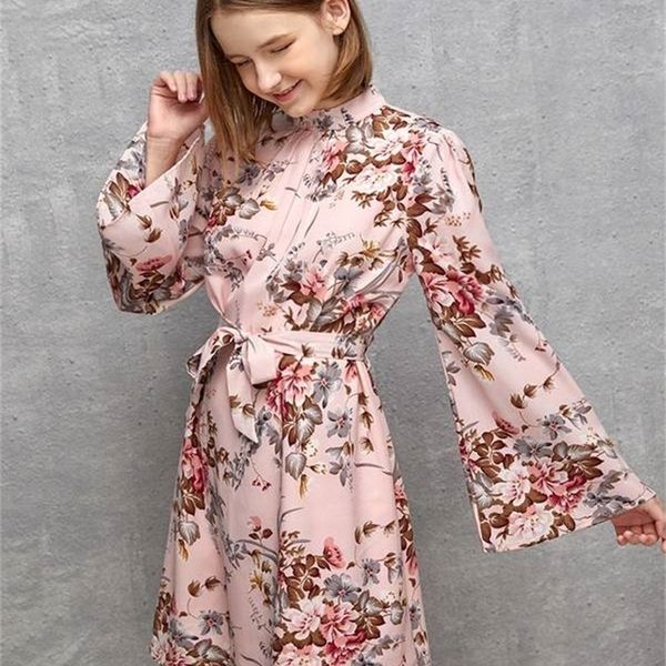 

teen girls ruched floral print flounce sleeve belted dress she, Red;yellow