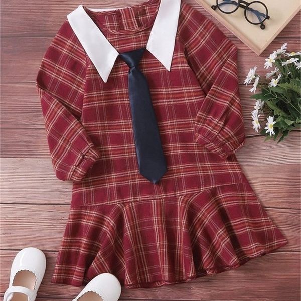 

toddler girls plaid print contrast collar dress with necktie she, Red;yellow