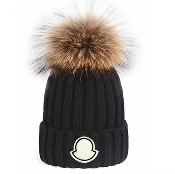 

famous designer winter knitted beanie woolen hat women and men chunky knit thick warm faux fur pom beanies hats female bonnet beanie caps, Blue;gray