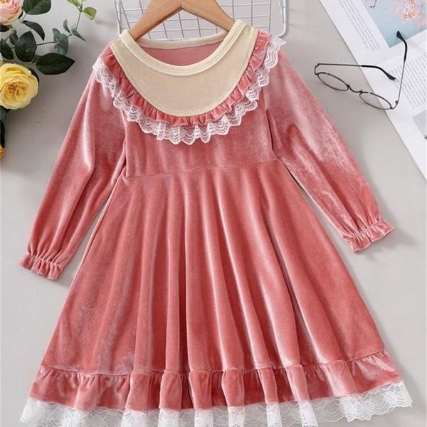 

toddler girls contrast lace ruffle trim flounce sleeve velvet dress she, Red;yellow