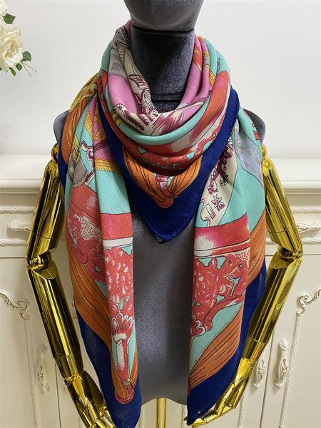 

women's square scarf scarves shawl 50 % silk 50% wool material blue color pint pattern size 130cm - 130cm, Blue;gray