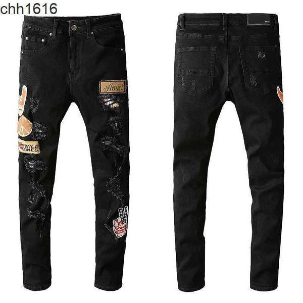 

687 chao brand amirs light blue embroidery printed patch elastic slim fit small foot hole high street jeans