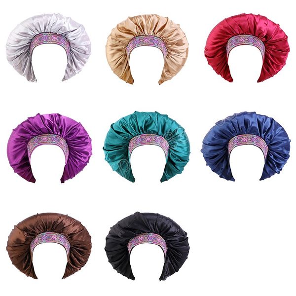 

bohemian satin bonnet wide elastic band beanies cap soild color headwrap for women ethnic style night sleep hat hair care chemo caps, Blue;gray