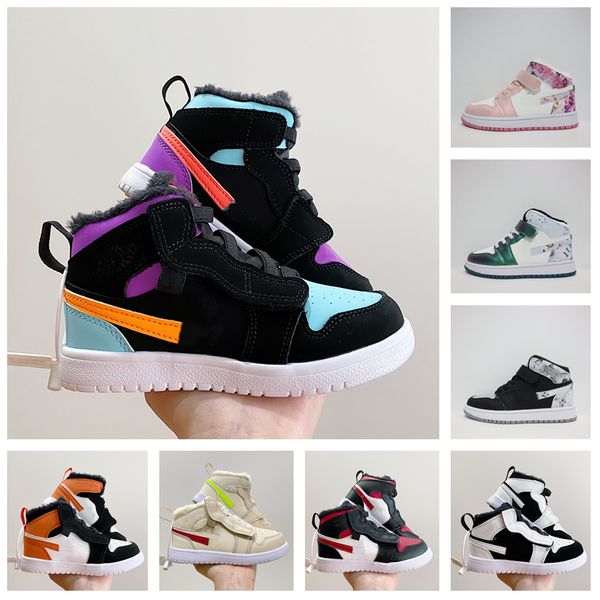 

infants 1s jumpman kids basketball shoes plush toddler pine green game royal obsidian chicago bred athletic sneakers multi-color, Black