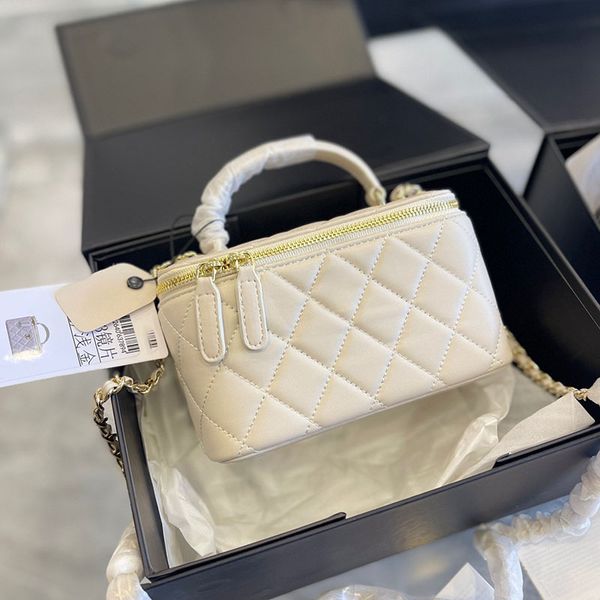 

22ss women luxury designer cosmetic bag with mirror lattice leather quilted mini trunk classic zipper shoulder bag handbags trend 199a