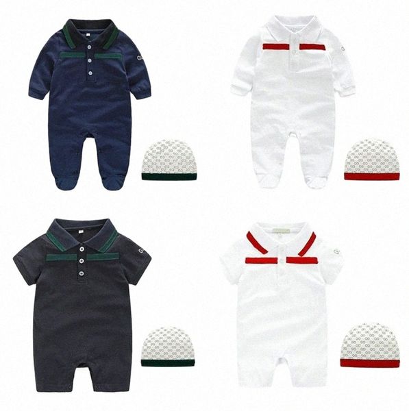 

1-2 years baby rompers boy girl kids designer letter stripe 100%cotton newborn long sleeve short sleeves jumpsuits hat 2 piece set g00001 j7, Blue