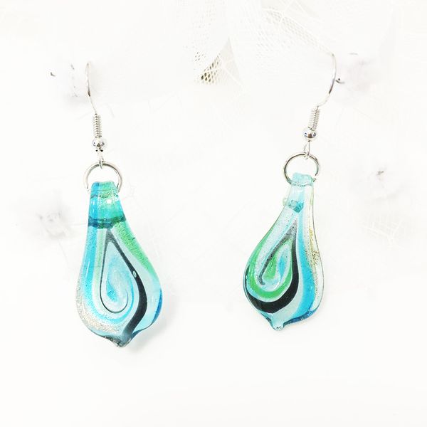

1 pair chinese style murano glass leaf dangle & chandelier pendant earring for women handmade sky blue whirlwind pattern sands jewelry sweat, Silver