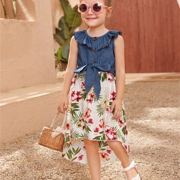 

toddler girls tropical print ruffle trim high low hem belted dress she, Red;yellow
