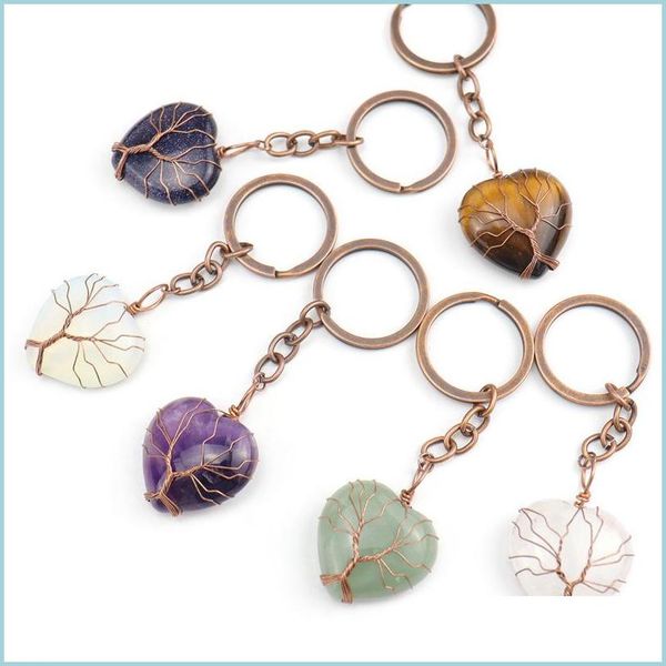 

key rings retro handmade tree of life key rings heart natural stone healing crystal quartz keychain keys chain ring drop delivery 202 dhzxj, Slivery;golden