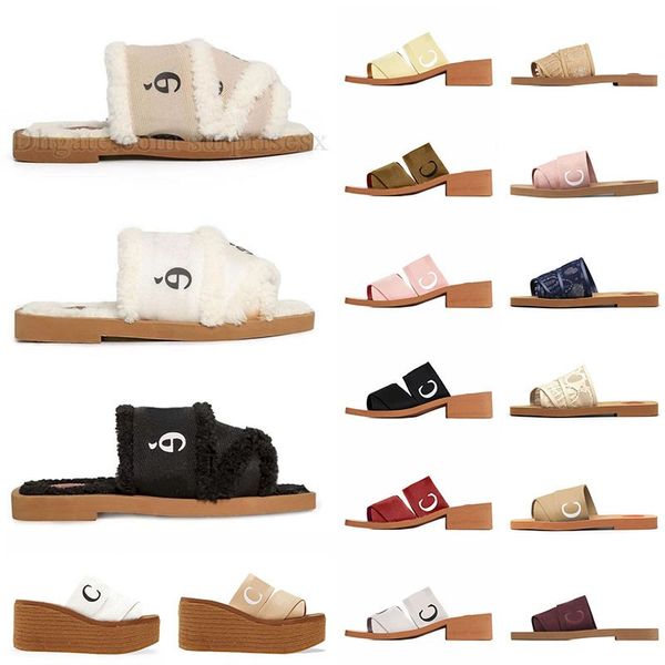 

fashion designer women fluffy slippers black white pink red canvas slides fur straw rubber woody mule flat sliders pool beach indoor casual