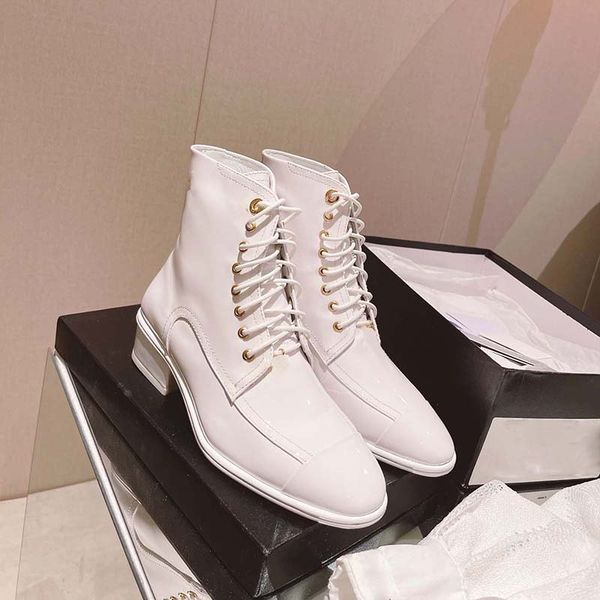 

high heeled boots designer patent leather autumn winter coarse heel women shoes genuine leather lace-up fashion letter metal buckle lady 35-, Black