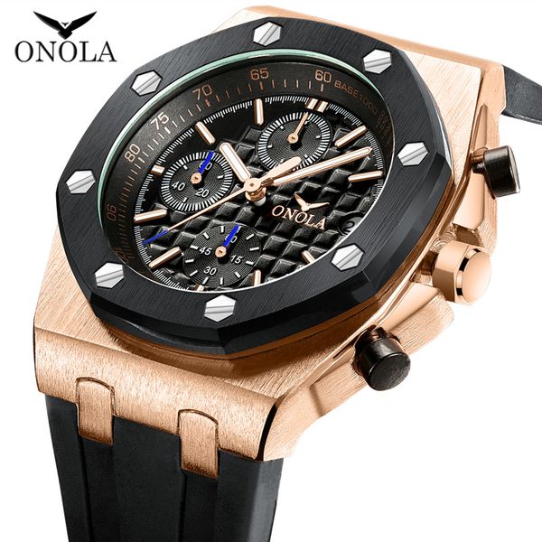 

onola 2020 brand fashion casual quartz mens watch chronograph multifunction wristwatch all black gold metal waterproof watch for men, Slivery;brown