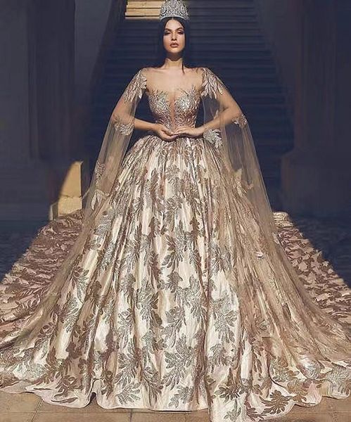 

luxury dubai champagne gold wedding dress 2023 vintage glitter sequins ball gown capped sleeve long train cathedral church bride robe de mar, White