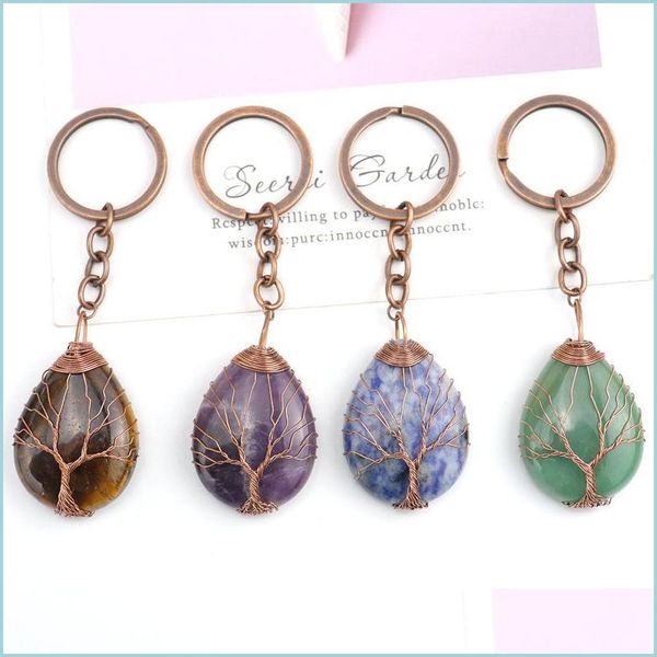 

key rings retro handmade tree of life key rings waterdrop natural stone healing crystal quartz keychain keys chain ring drop delivery dhv6w, Slivery;golden