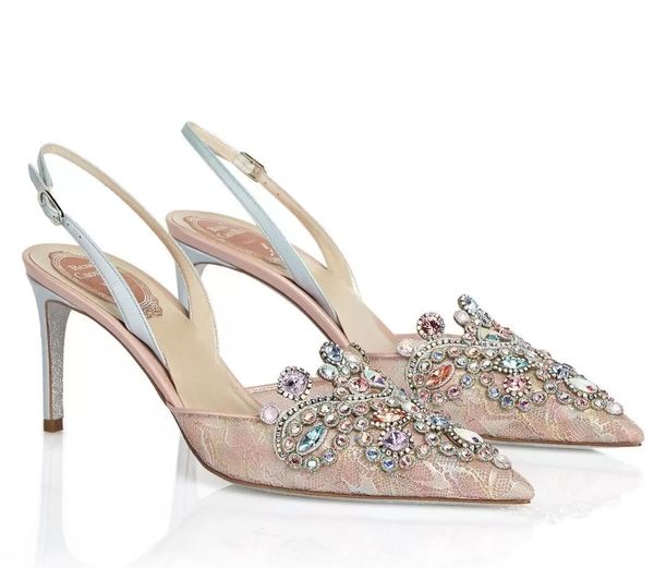 

women sandals elegant rene bridal party wedding jewel slingbacks veneziana sandals caovilla pumps luxury designer lace pointed toe high heel, Black