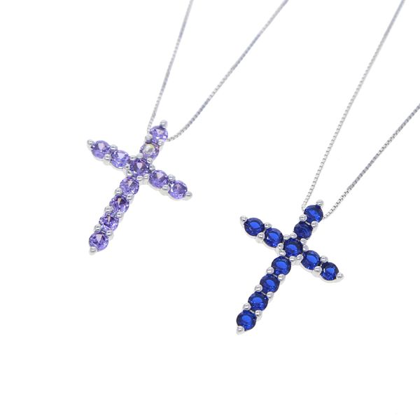 

100% 925 sterling silver cross necklace ice out bling cz purple blue cubic zirconia x shape pendant necklaces women jewelry