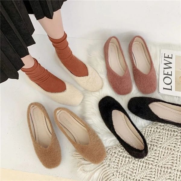 

sepatu sandal wanita kasual datar balet musim gugur musim dingin mode klasik sepatu slip on berbulu kasual sepatu mokasin warna permen ujung, Black