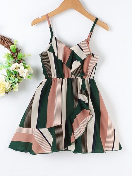 

toddler girls block striped ruffle trim wrap hem cami dress she, Red;yellow